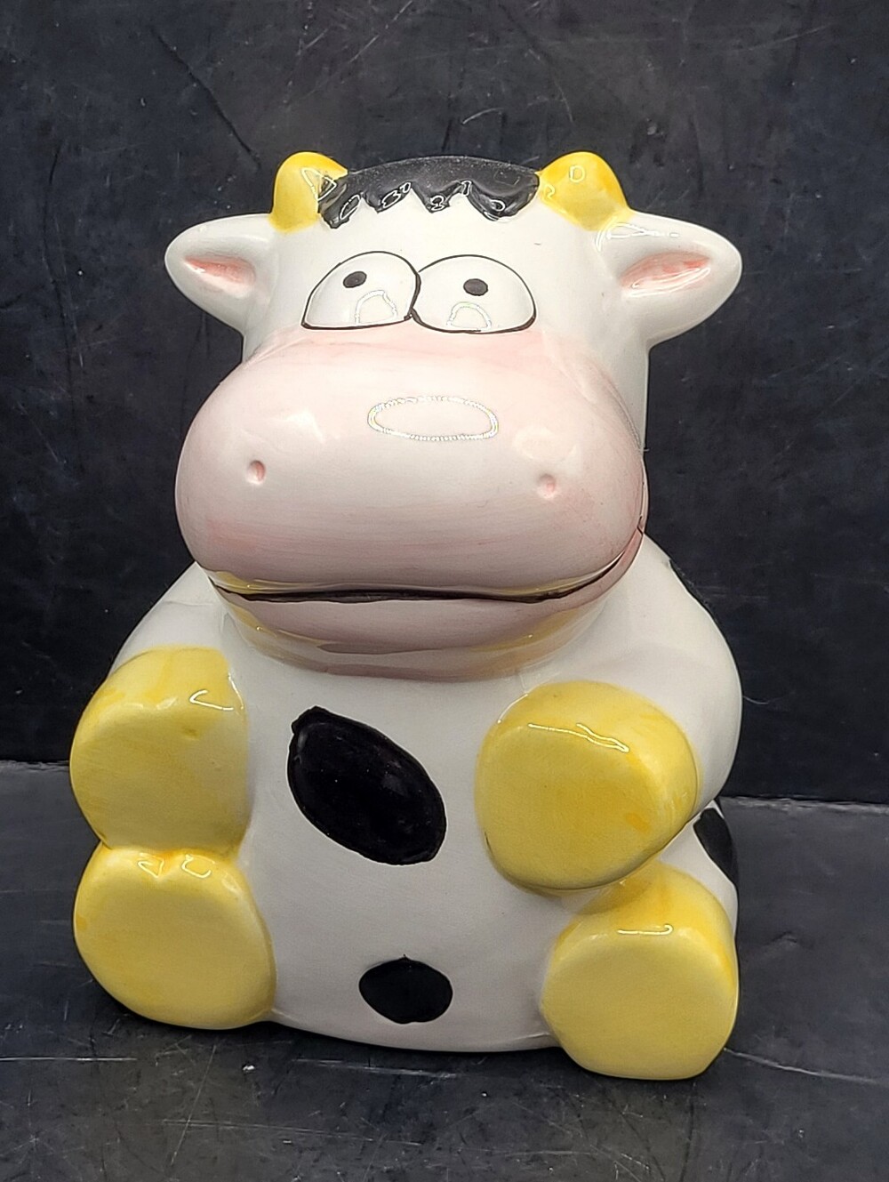 Vintage Ceramic Holstein Cow Piggy Bank Sitting Farmhouse Coin Bank Yellow 5"